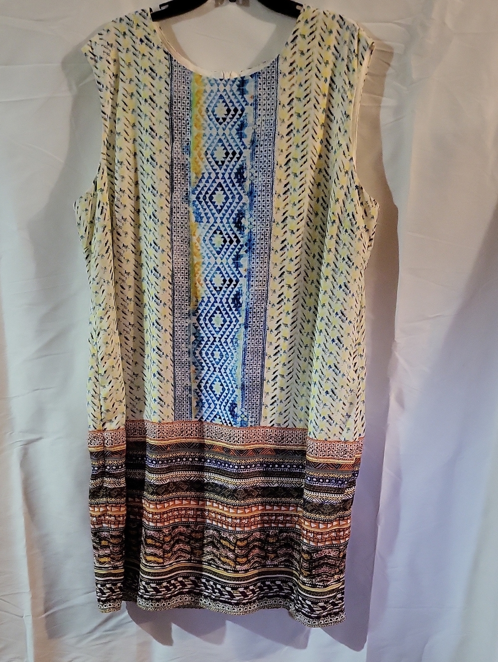 Cato Sleeveless Printed Shift Dress in Blue, Yellow and Brown